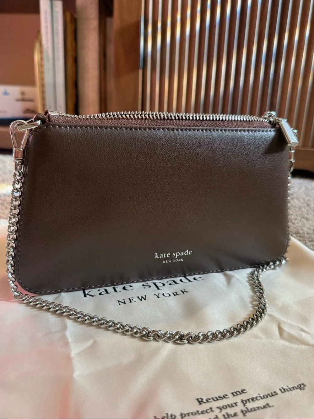 NEW Kate Spade Espresso Brown Leather Chain Shoulder Bag Pochette w/ Dust Bag